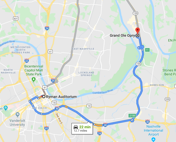 Distance from Ryman to Grand Ole Opry House