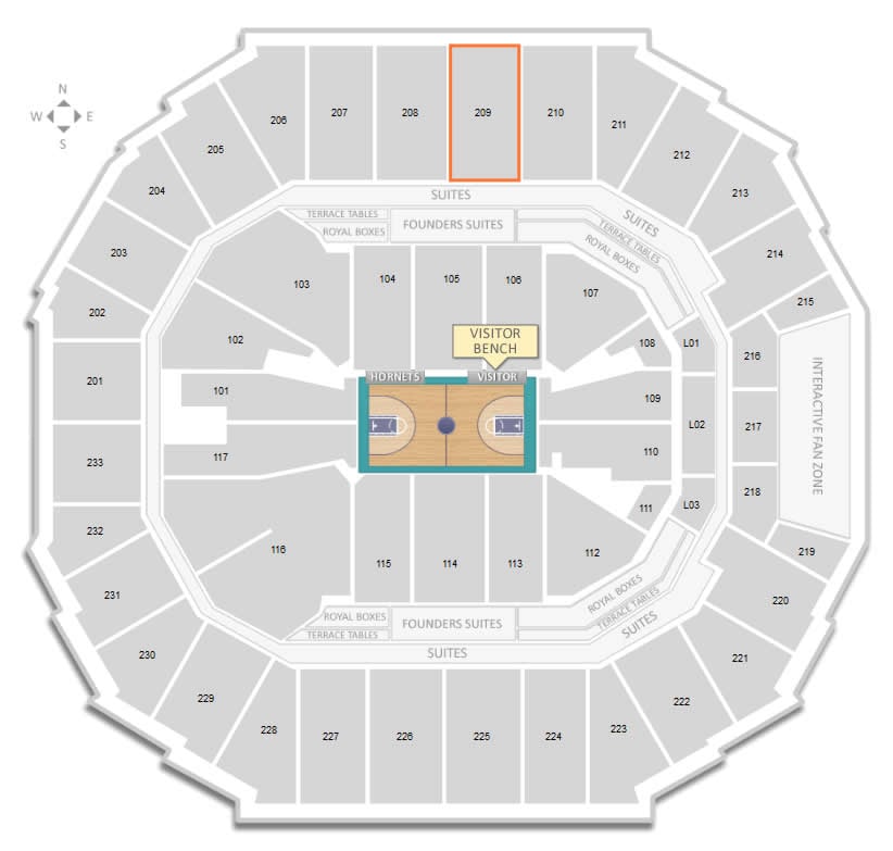Section 209 Seating Location Versus Visitor Bench at Time Warner Cable Arena