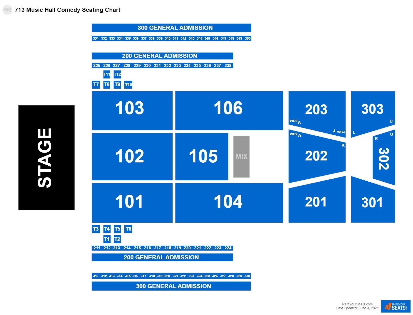 Comedy seating chart at 713 Music Hall