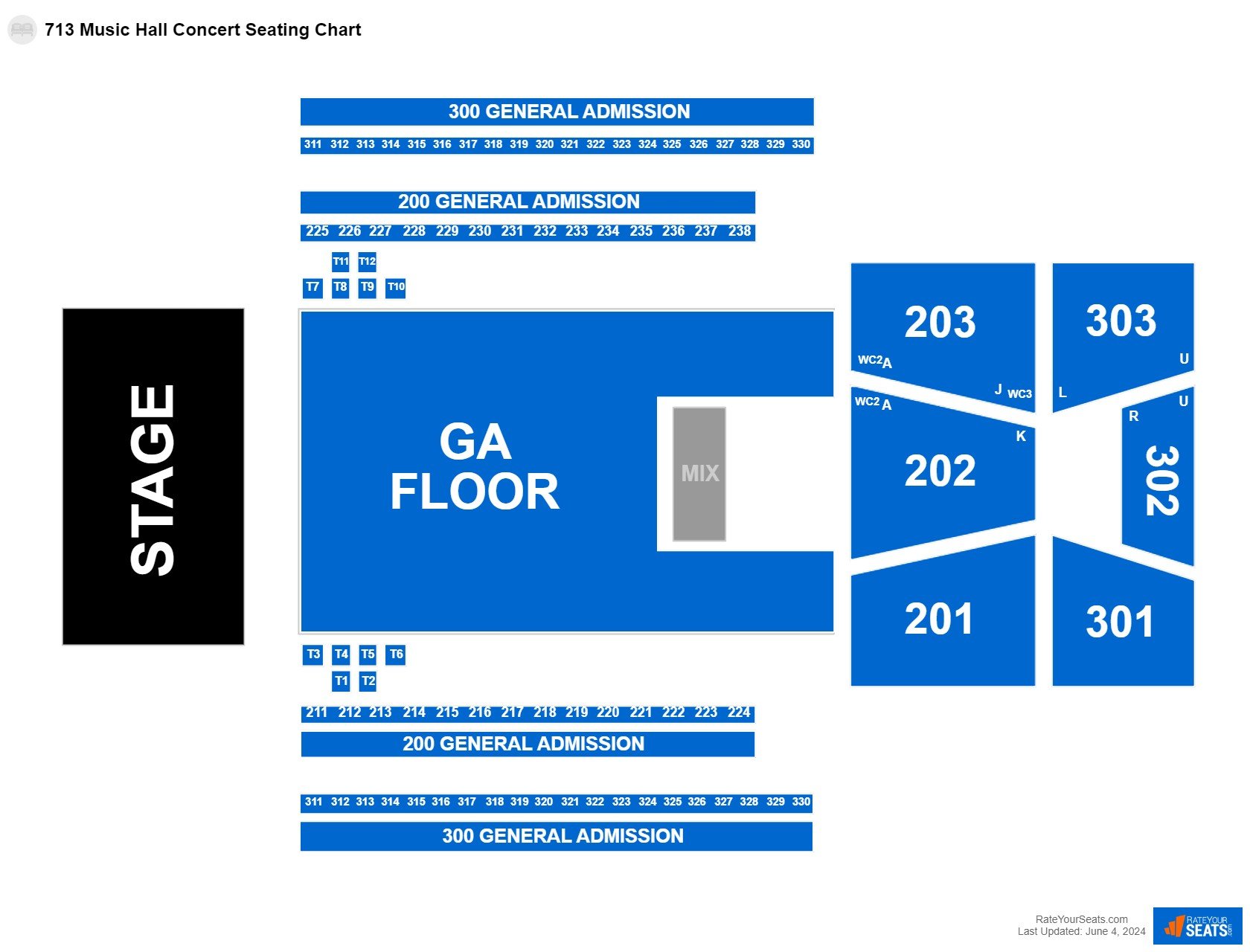 Concert seating chart at 713 Music Hall