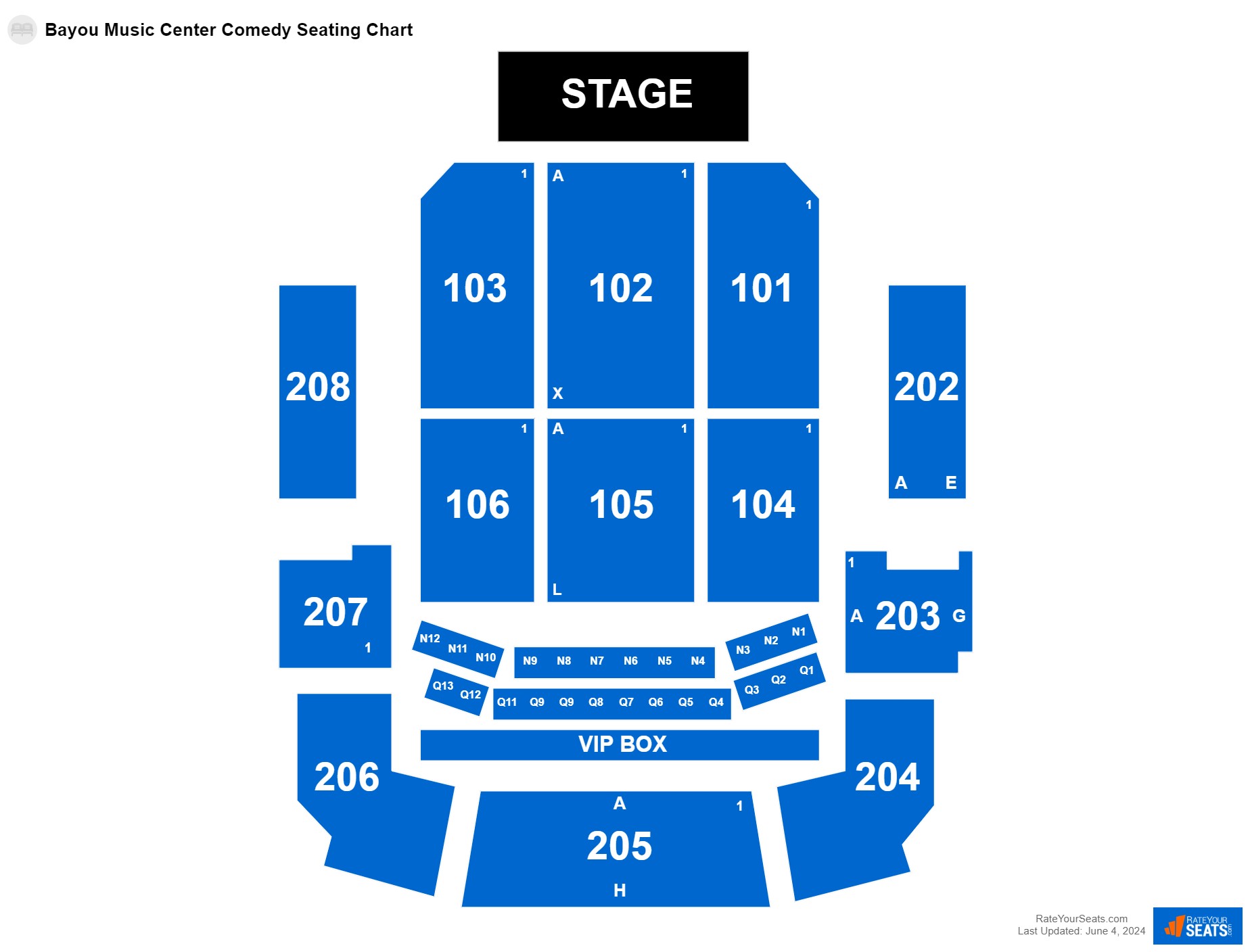 Comedy seating chart at Bayou Music Center