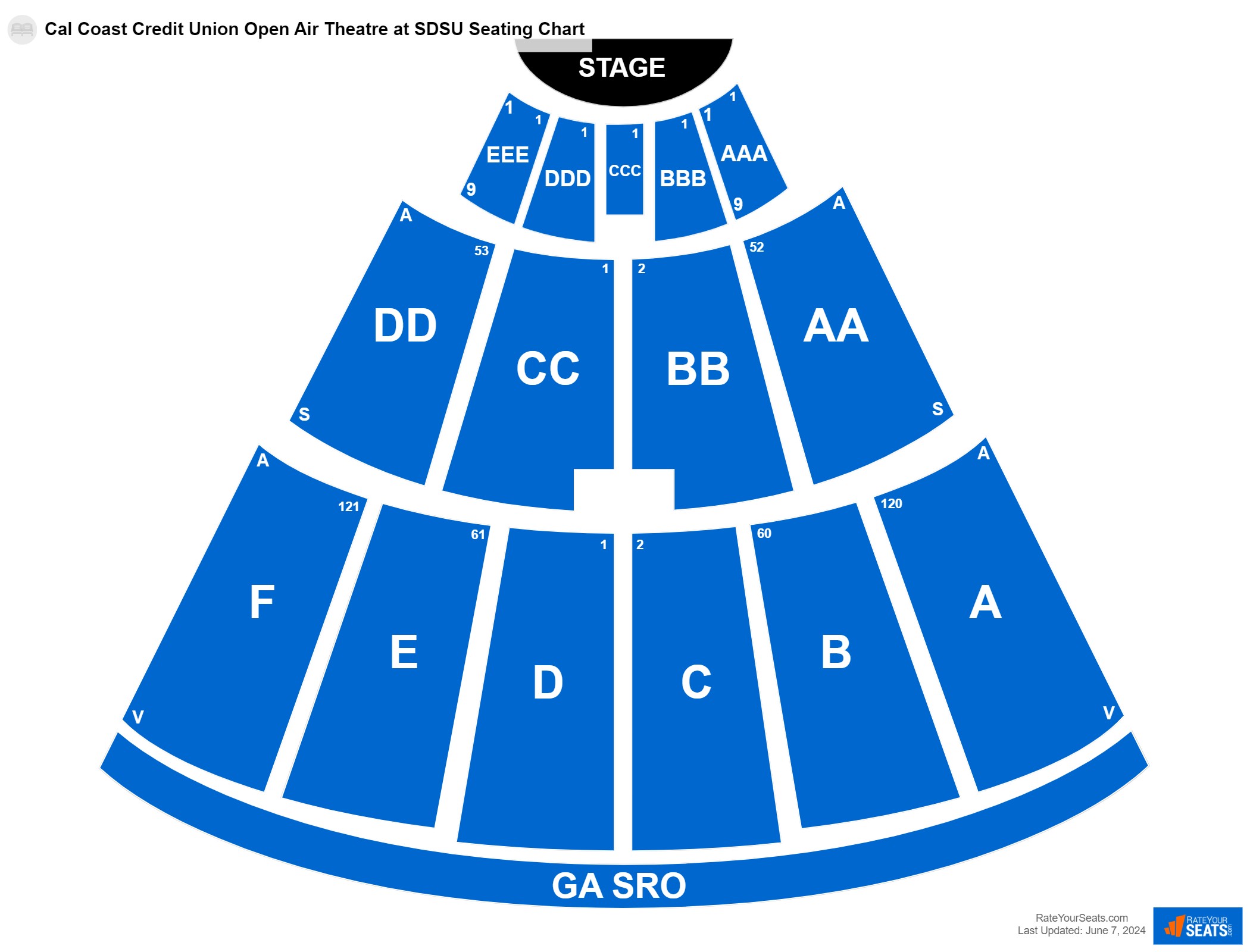 Comedy seating chart at Cal Coast Credit Union Open Air Theatre at SDSU