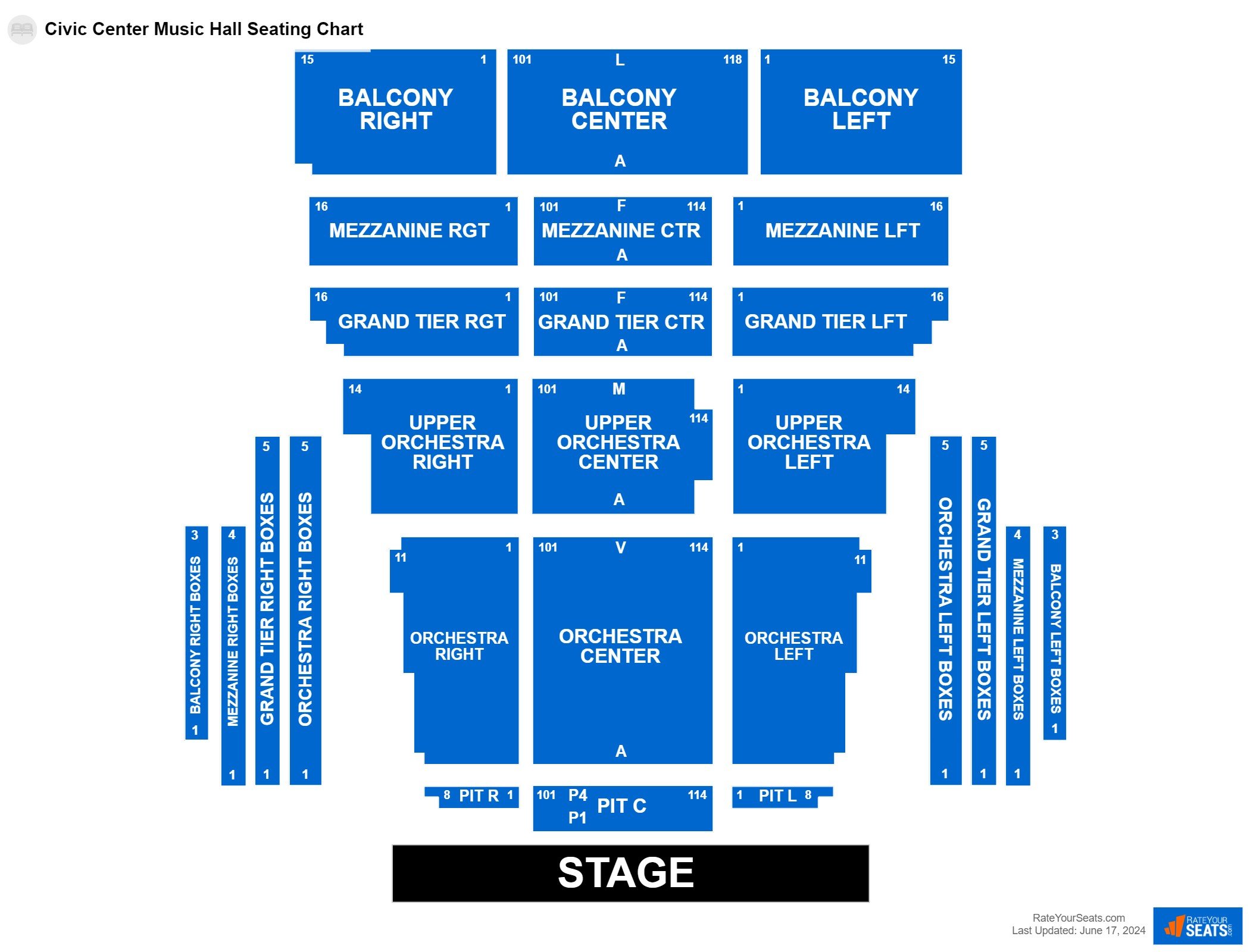 Comedy seating chart at Civic Center Music Hall