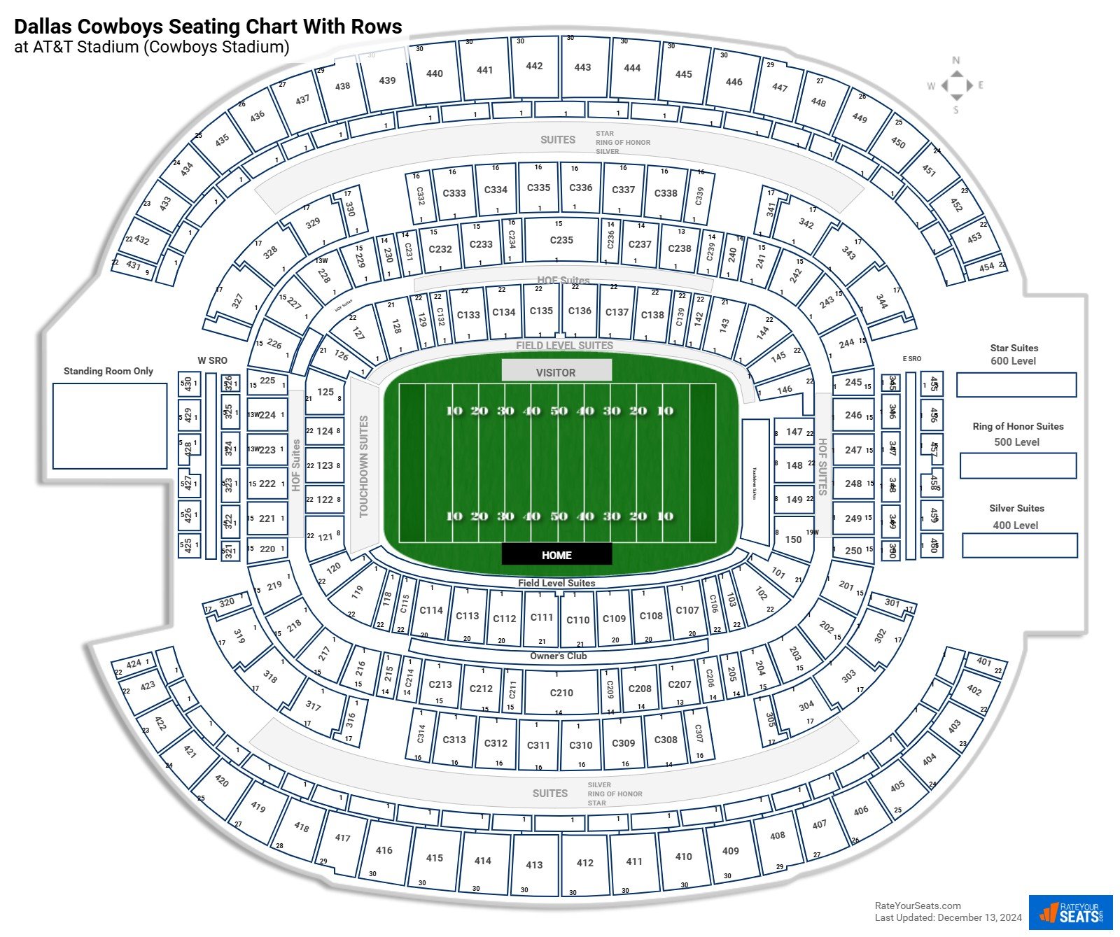 AT&T Stadium Seating Chart with Row, Seat and Club Details