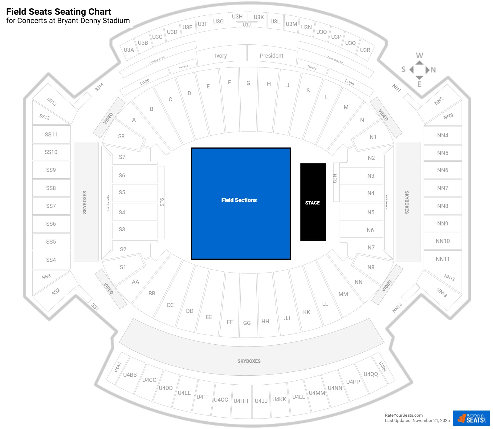 click to enlarge Concert Field Seats Seating Chart at Bryant-Denny Stadium