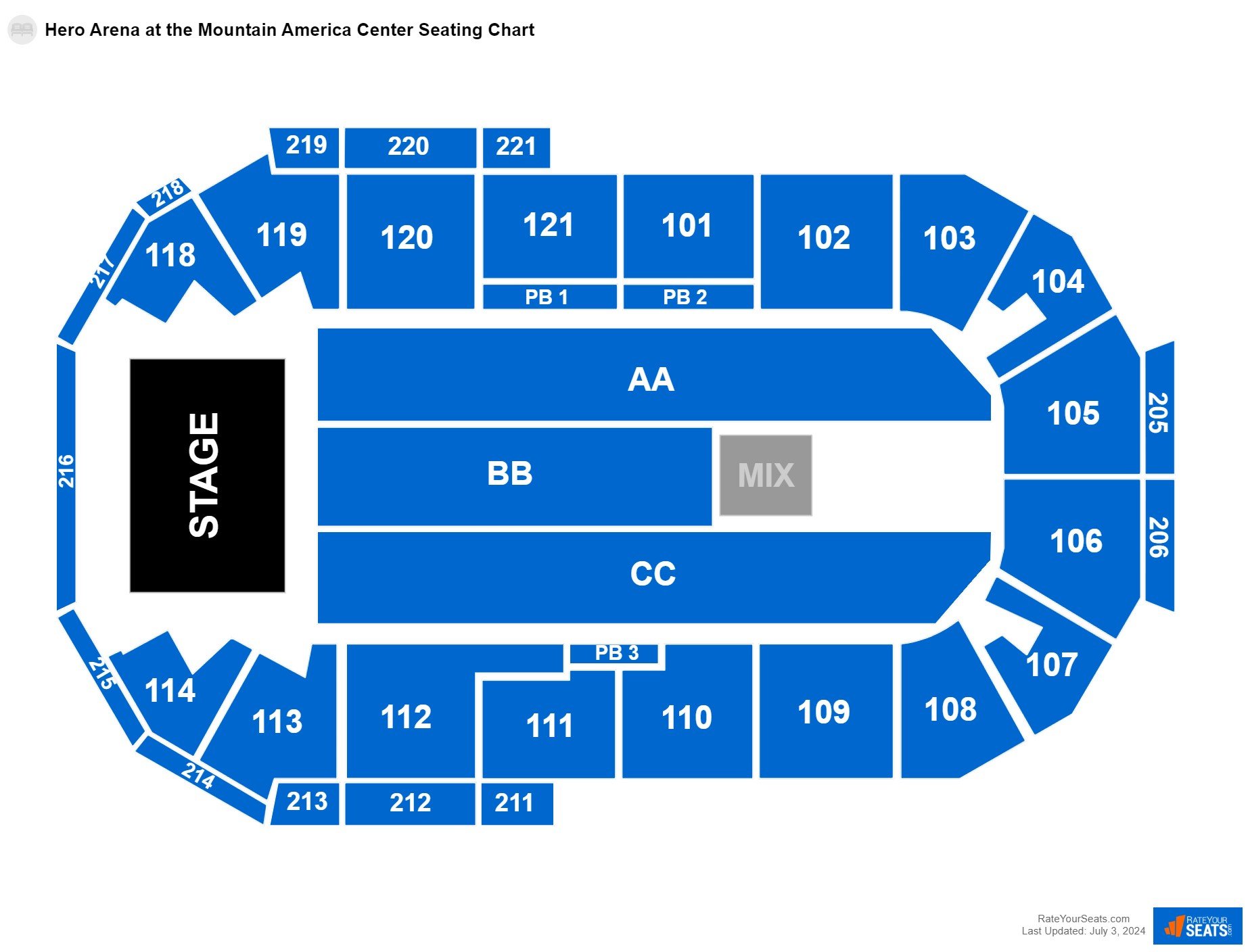 Comedy seating chart at Hero Arena at the Mountain America Center