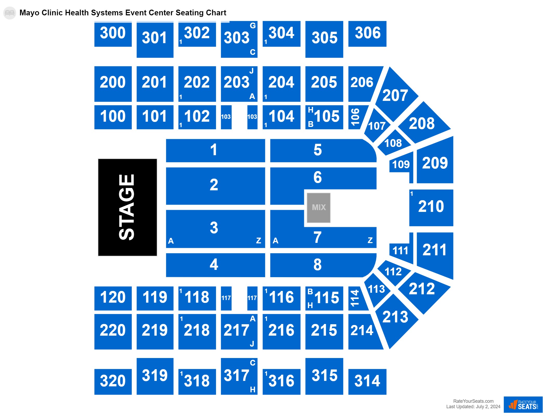 Concert seating chart at Mayo Clinic Health Systems Event Center