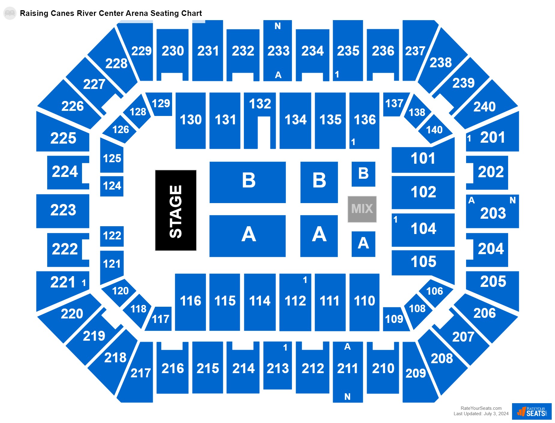 Concert seating chart at Raising Canes River Center Arena