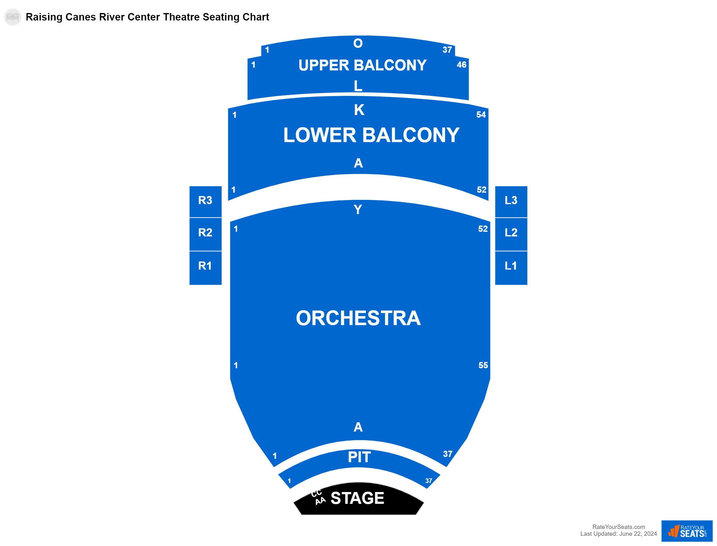 Comedy seating chart at Raising Canes River Center Theatre