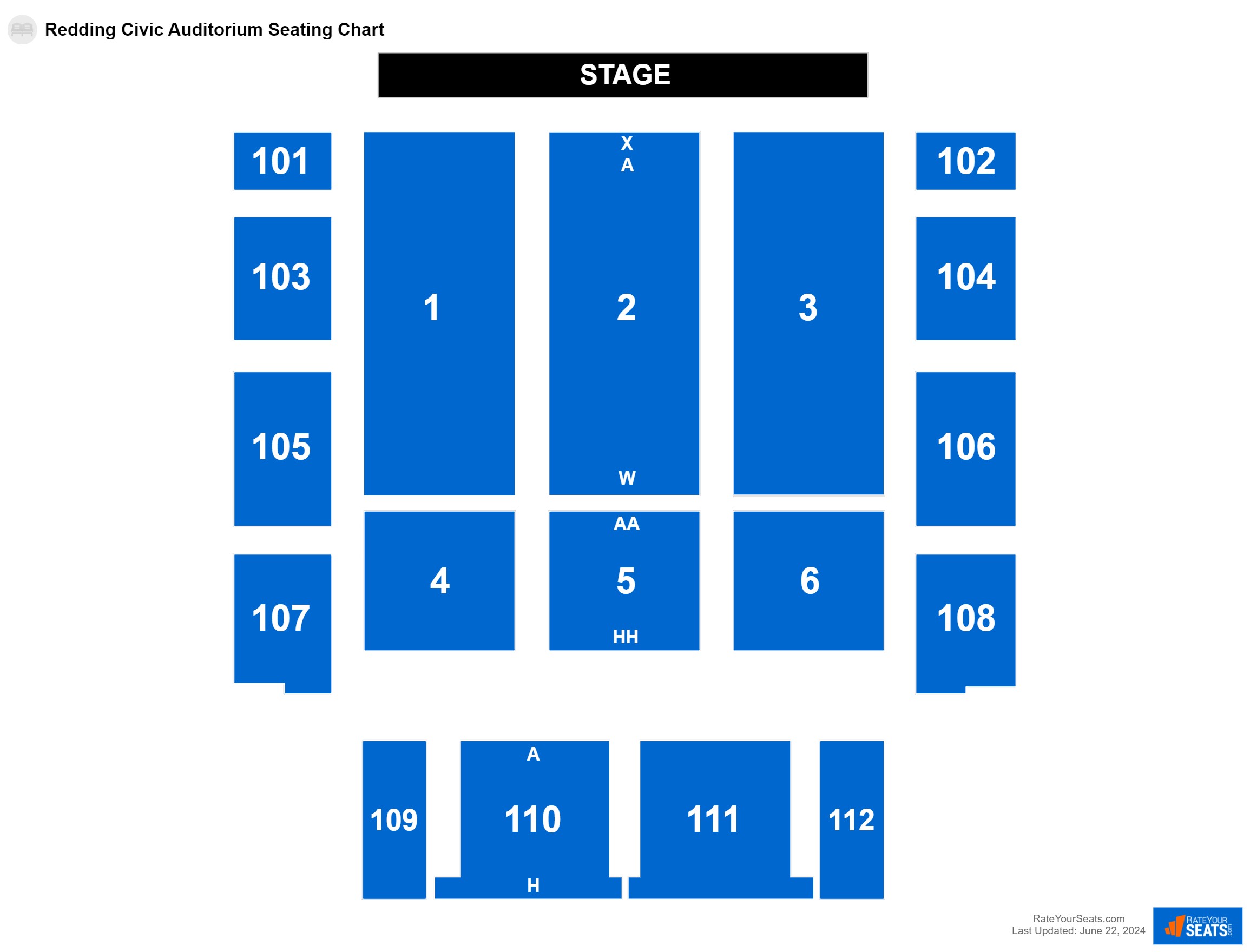 Comedy seating chart at Redding Civic Auditorium