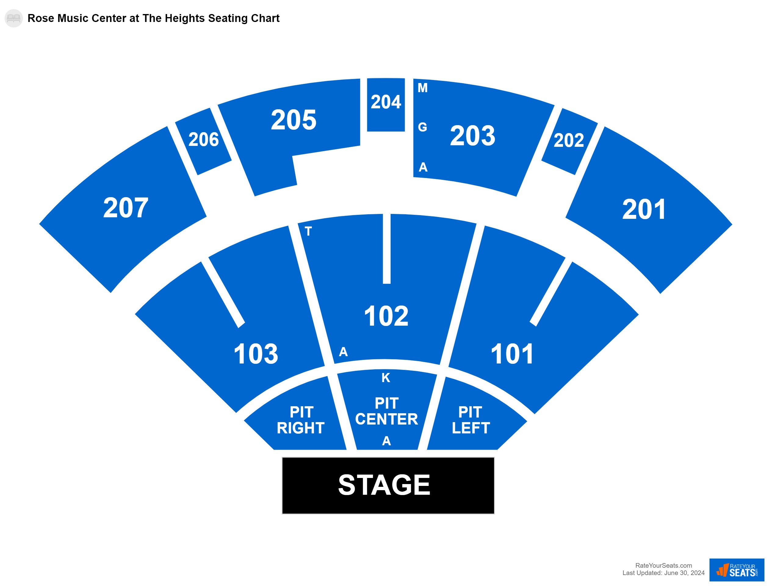 Concert seating chart at Rose Music Center at The Heights