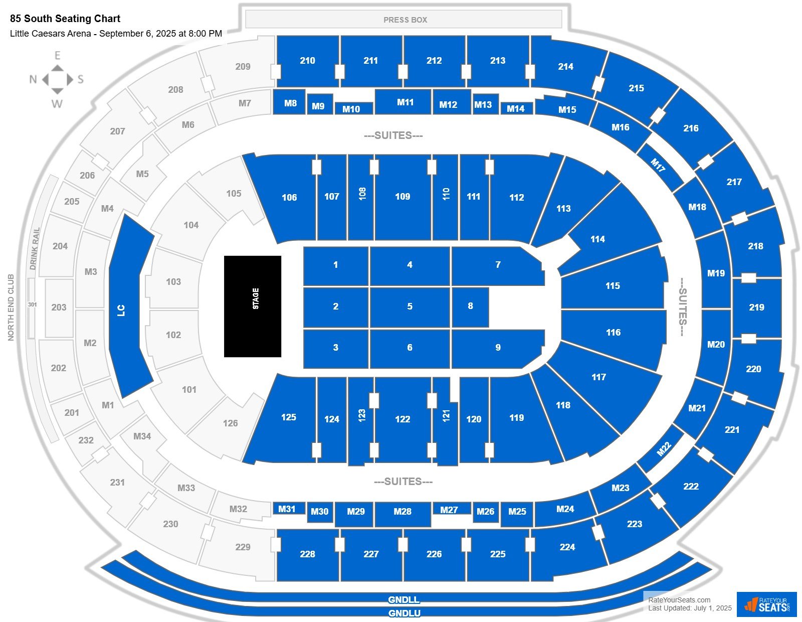 85 South seating chart Little Caesars Arena