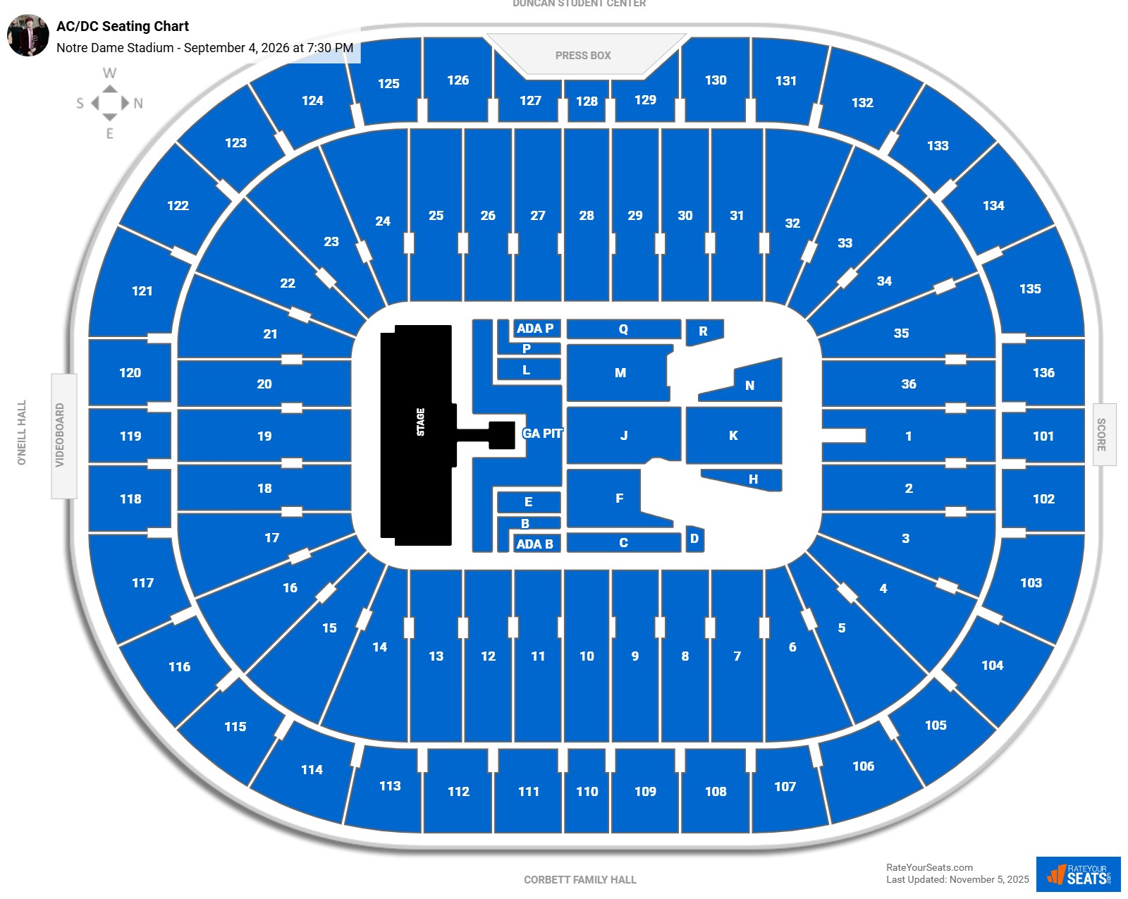 AC/DC seating chart Notre Dame Stadium