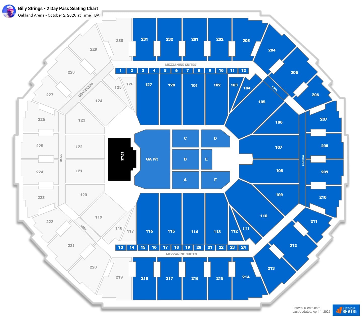 Billy Strings - 2 Day Pass seating chart Oakland Arena