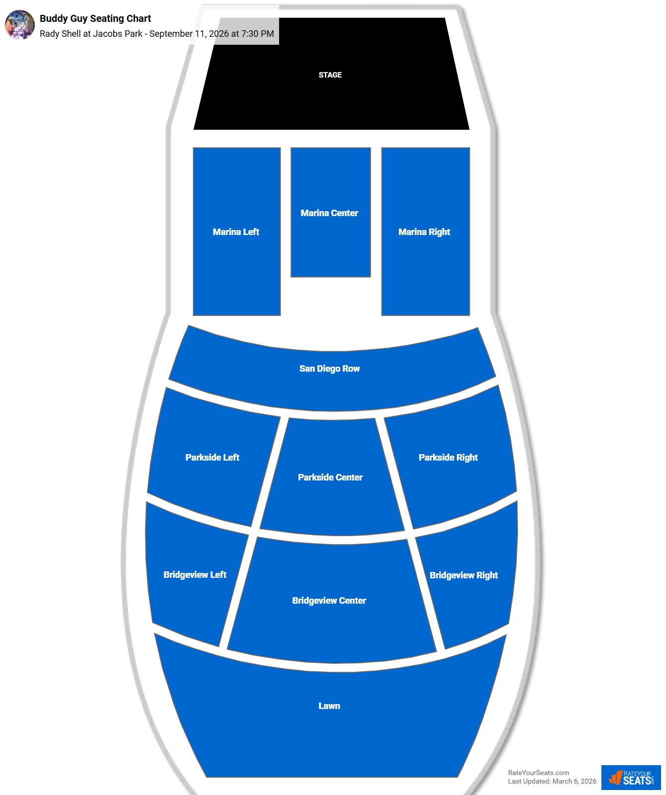 Buddy Guy seating chart Rady Shell at Jacobs Park
