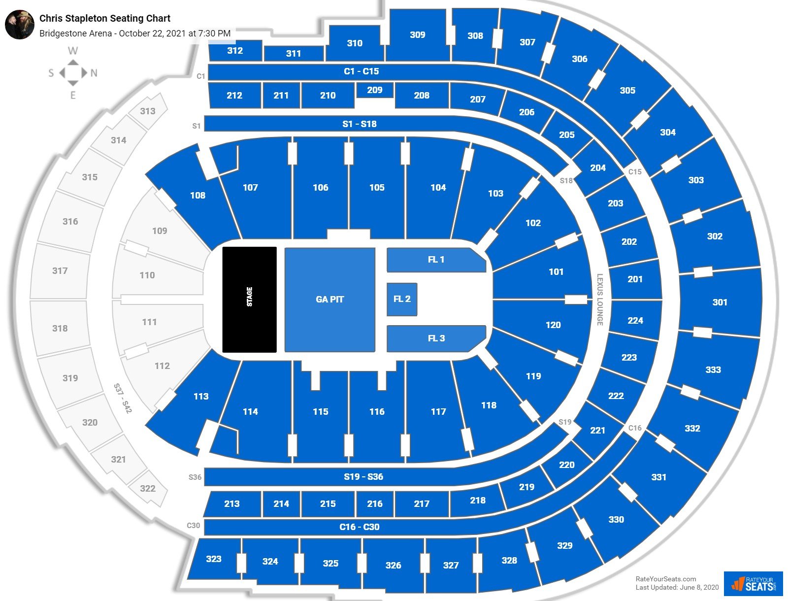Chris Stapleton Bridgestone Arena Seating Chart October 22 2021 3419771 