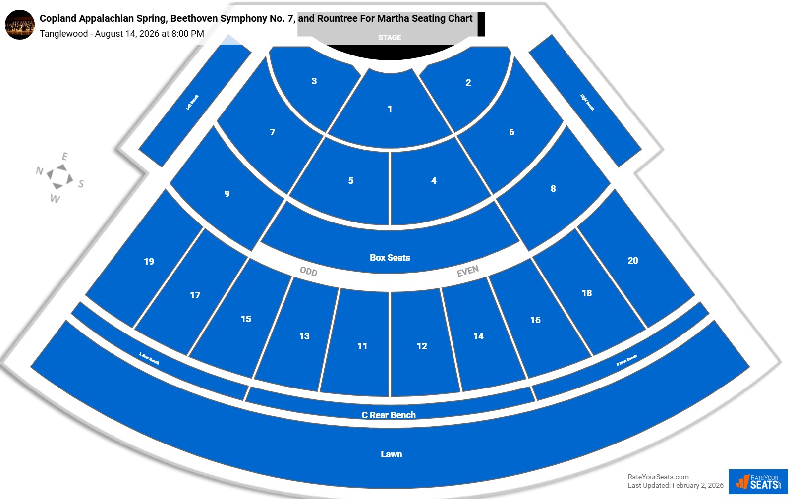 Copland Appalachian Spring, Beethoven Symphony No. 7, and Rountree For Martha seating chart Tanglewood