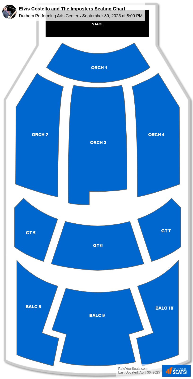 Elvis Costello and The Imposters seating chart Durham Performing Arts Center
