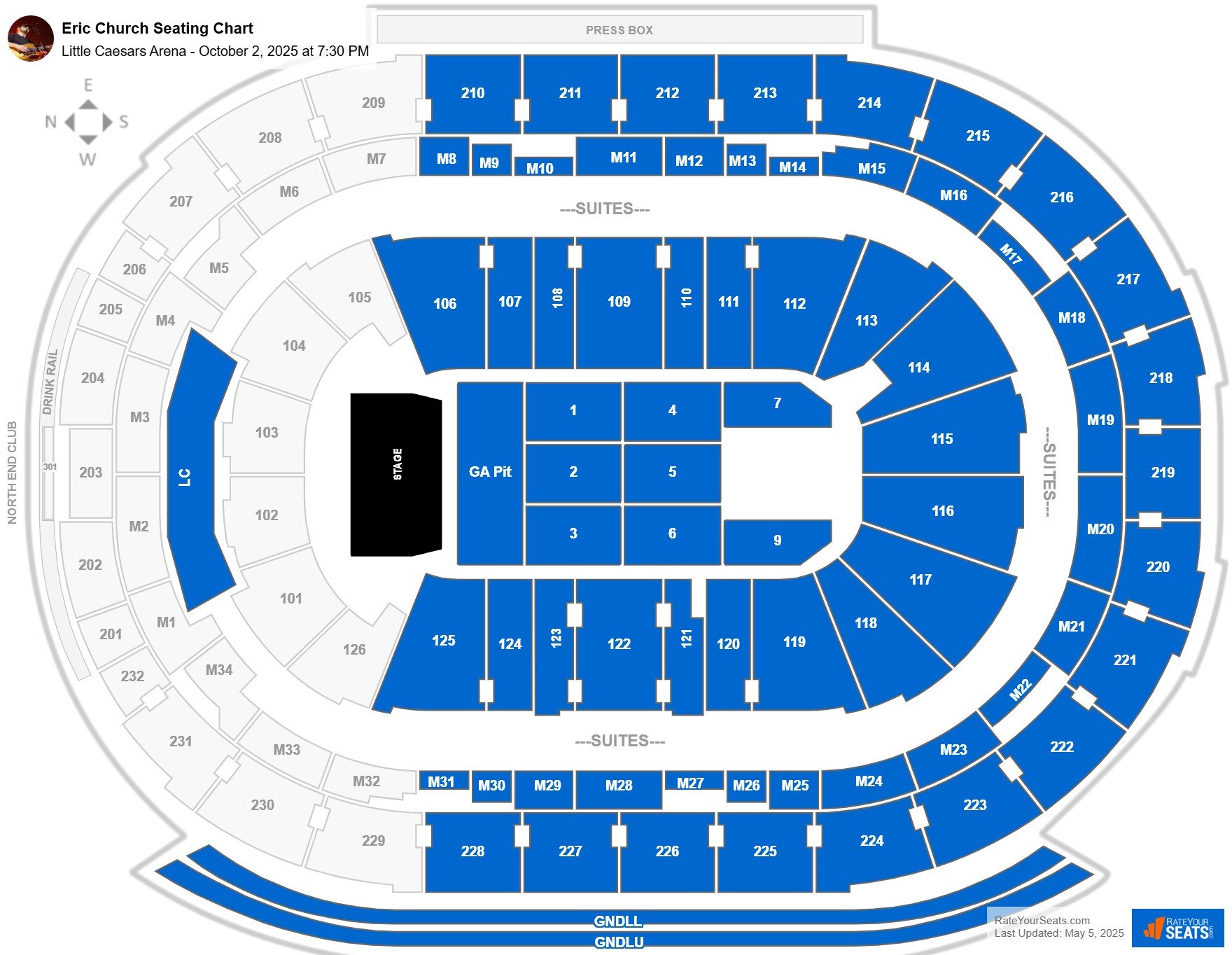 Eric Church seating chart Little Caesars Arena