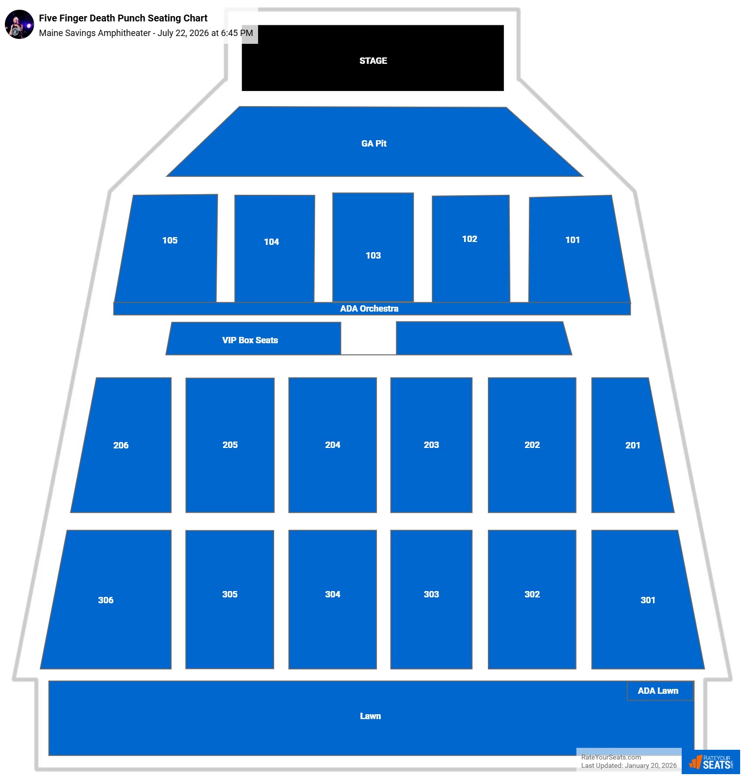 Five Finger Death Punch seating chart Maine Savings Amphitheater