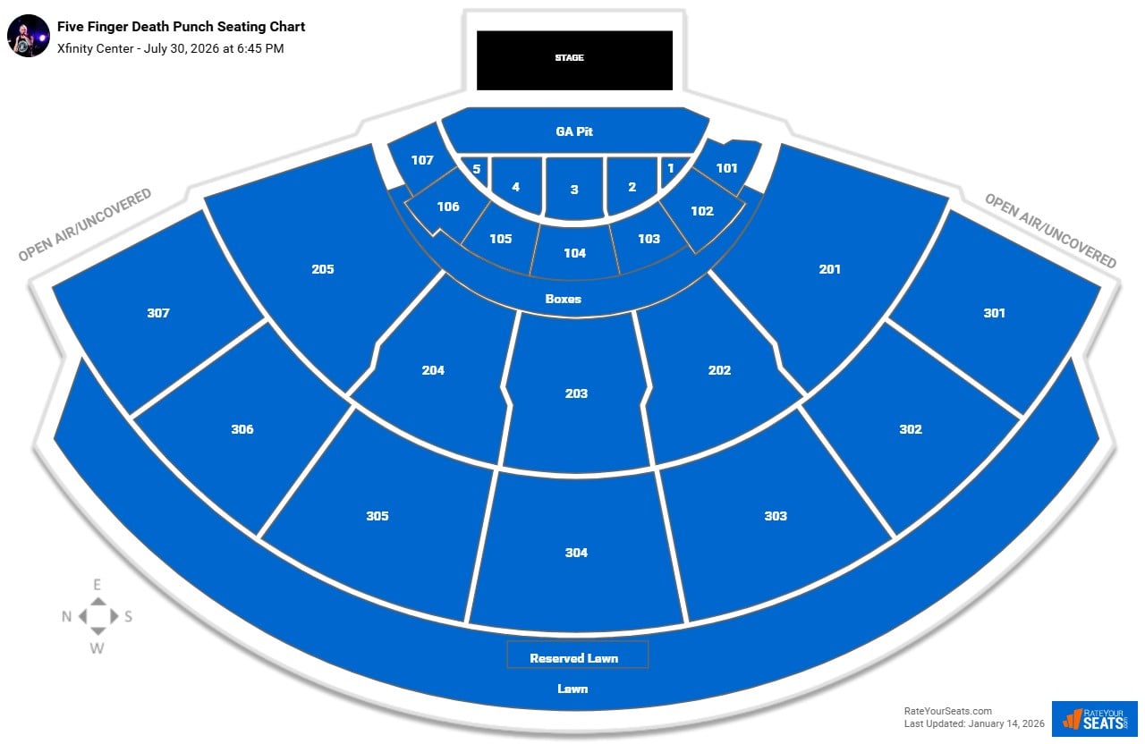 Five Finger Death Punch seating chart Xfinity Center (Mansfield)