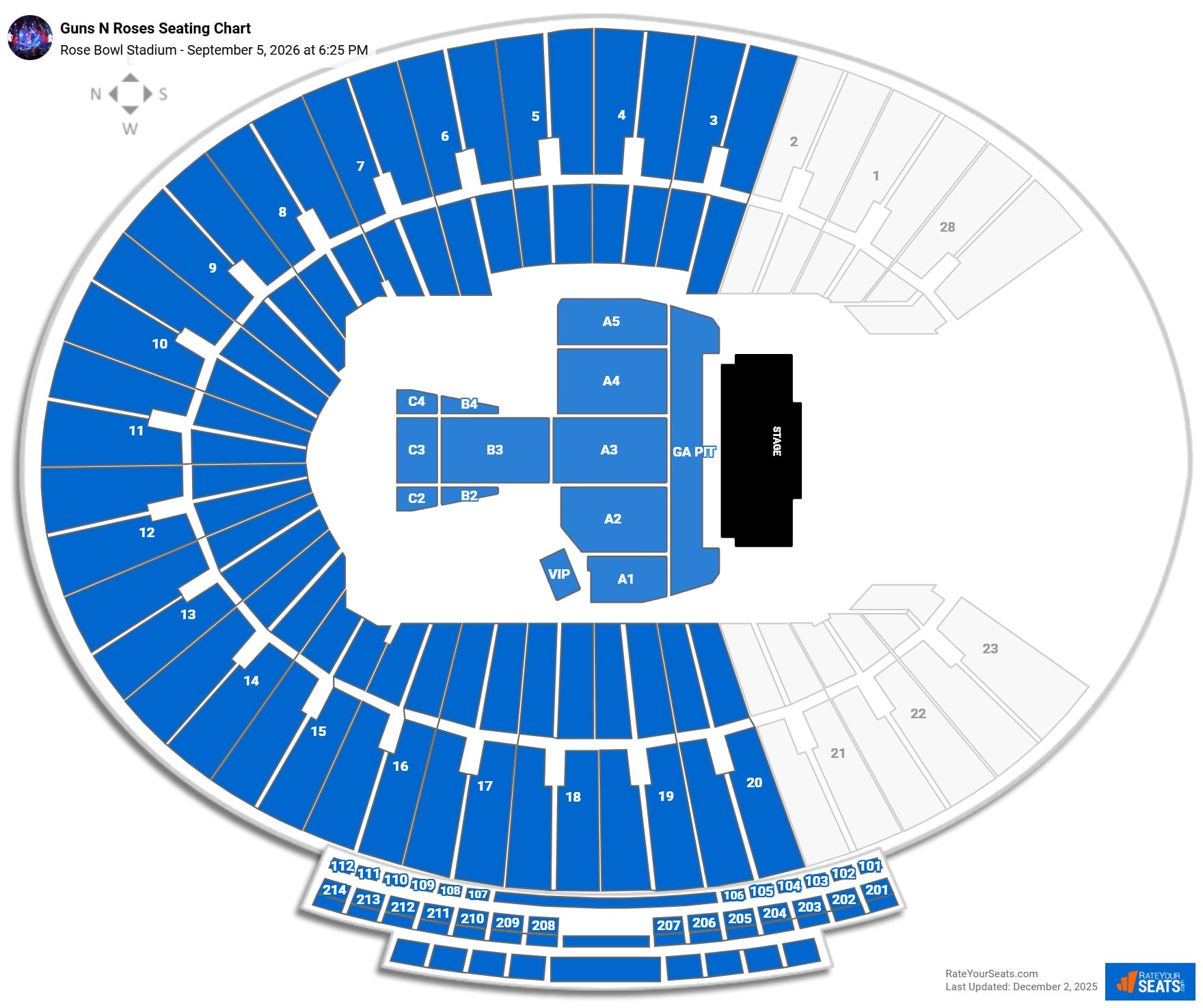 Guns N Roses seating chart Rose Bowl Stadium