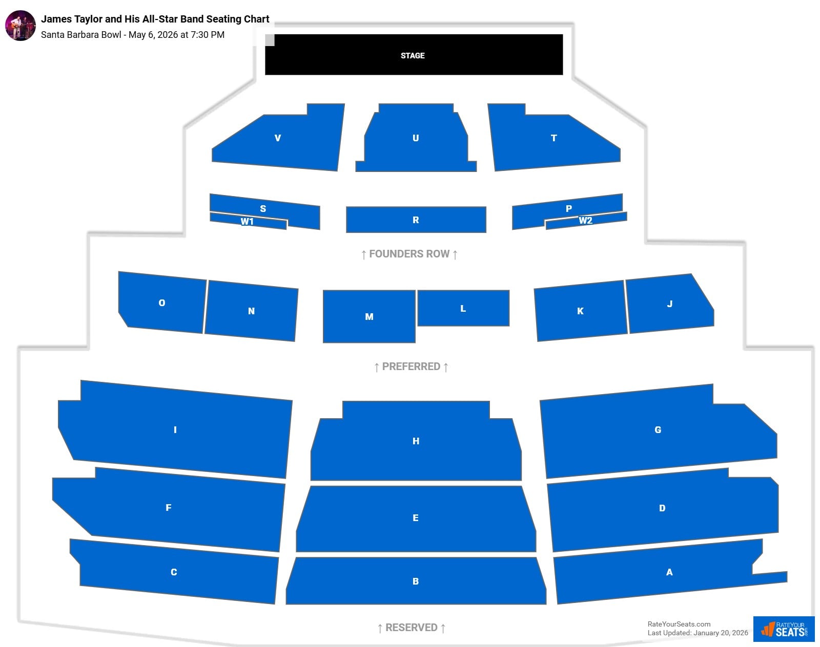 James Taylor and His All-Star Band seating chart Santa Barbara Bowl