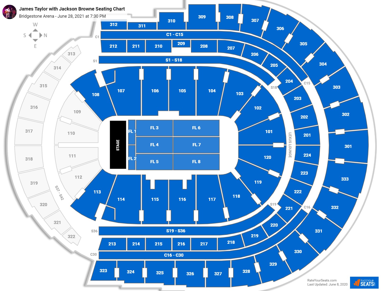 James Taylor with Jackson Browne seating chart Bridgestone Arena