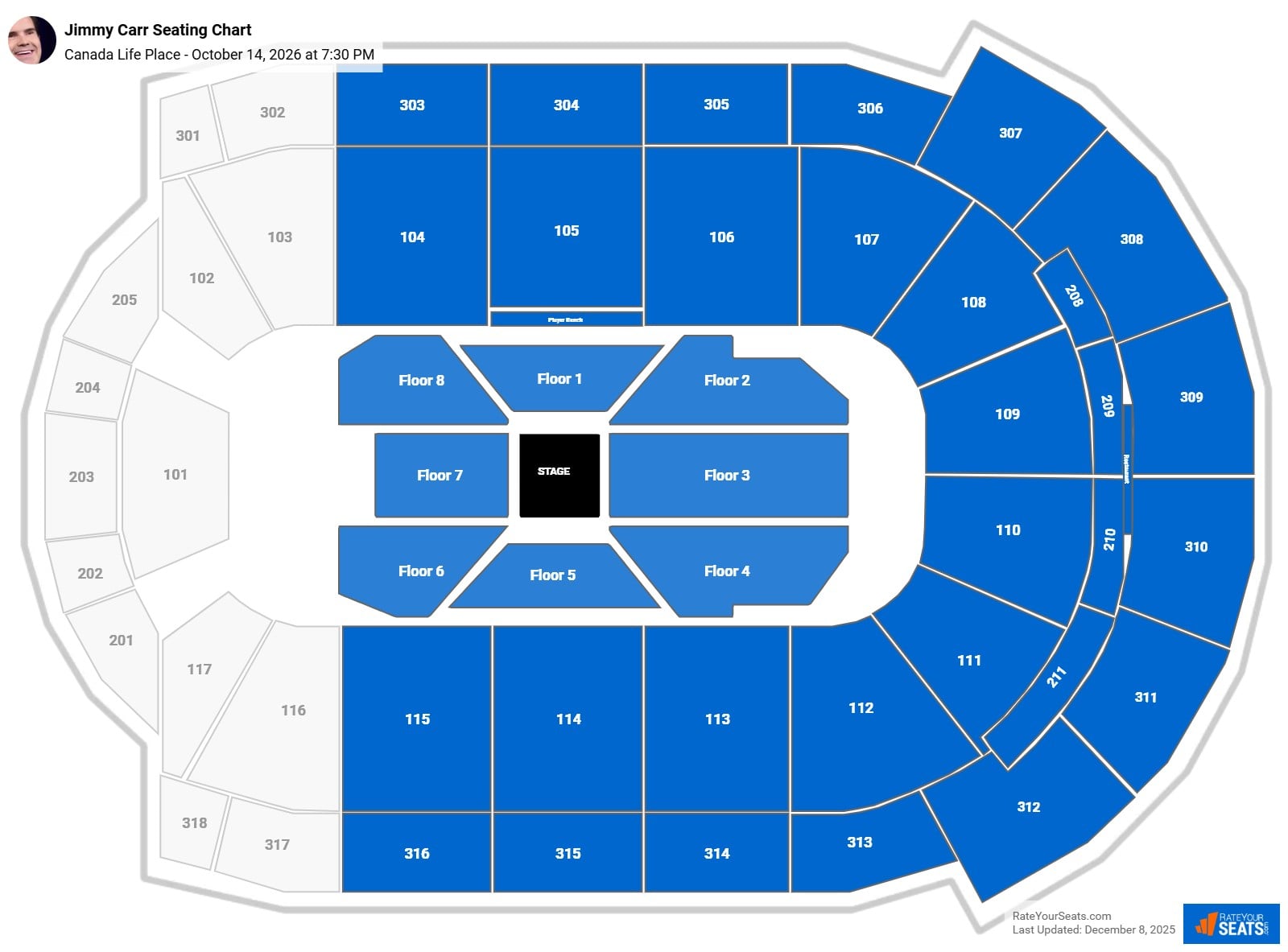 Jimmy Carr seating chart Canada Life Place