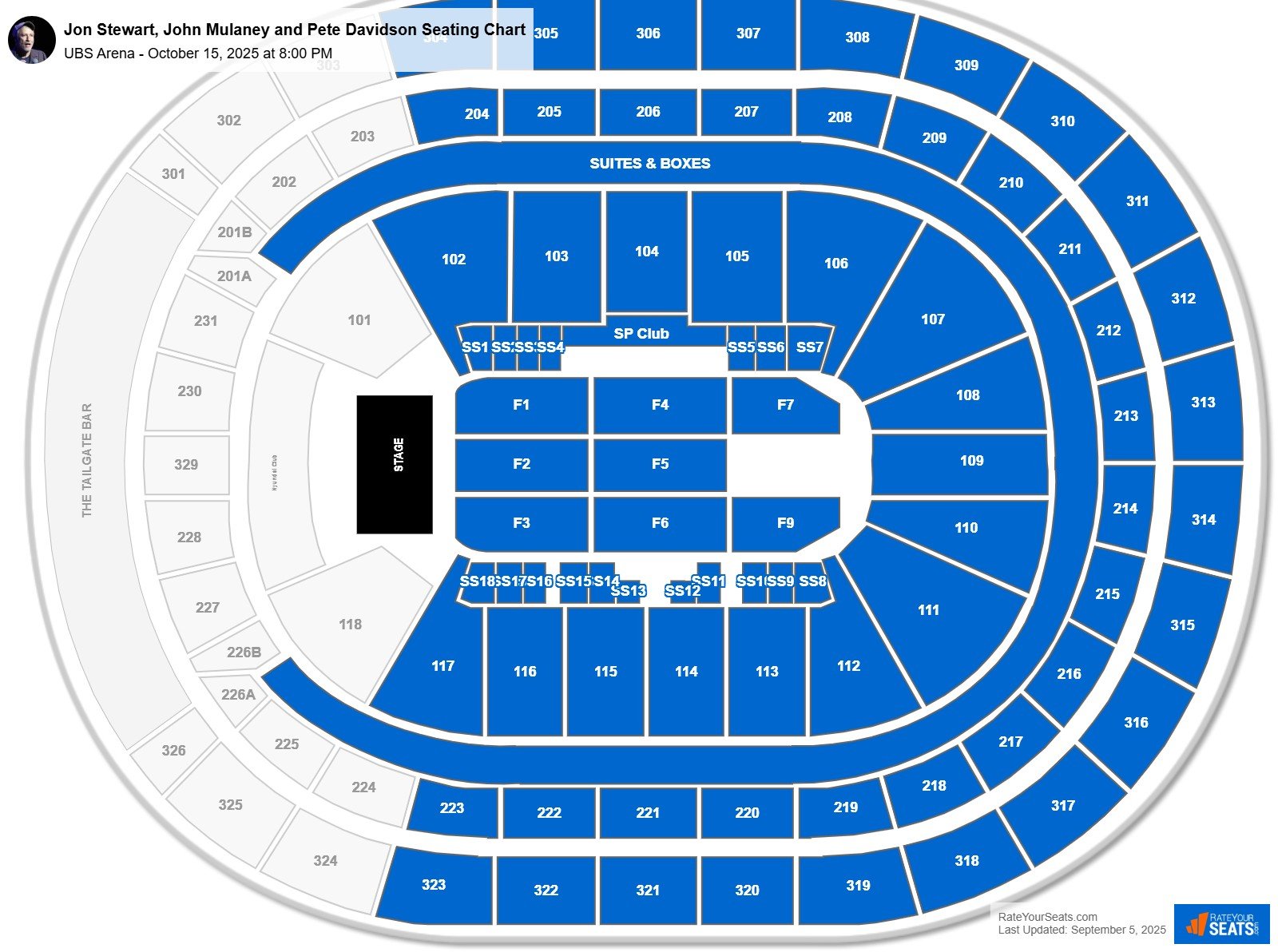 Jon Stewart, John Mulaney and Pete Davidson seating chart UBS Arena