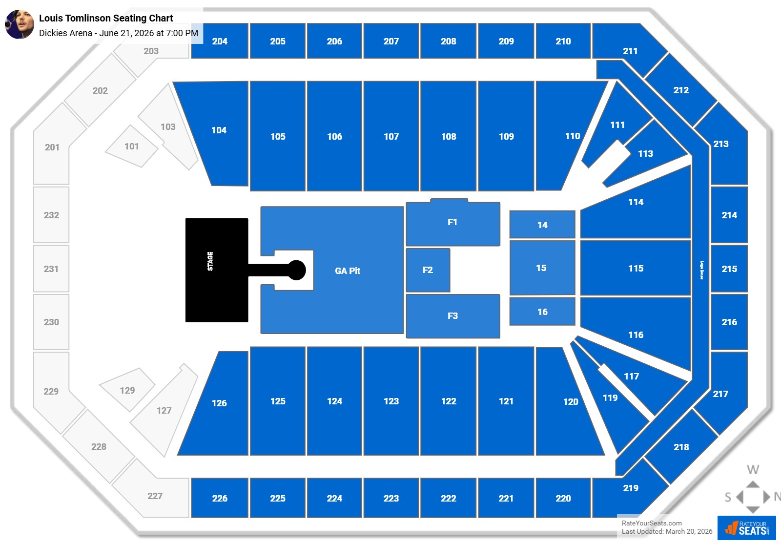 Louis Tomlinson seating chart Dickies Arena