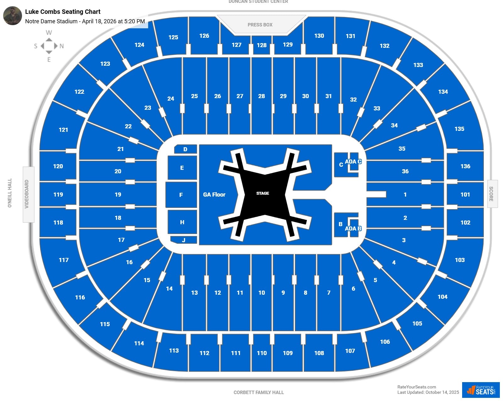 Luke Combs seating chart Notre Dame Stadium