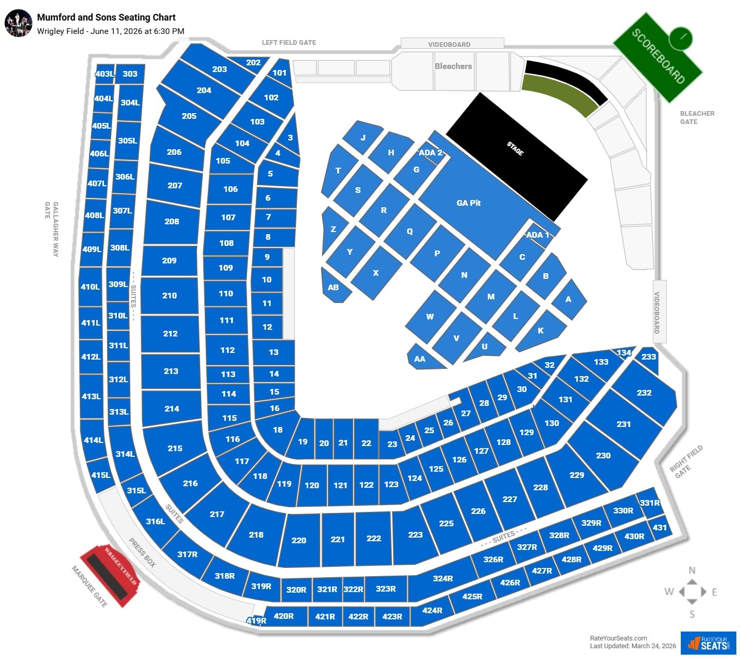 Mumford and Sons seating chart Wrigley Field