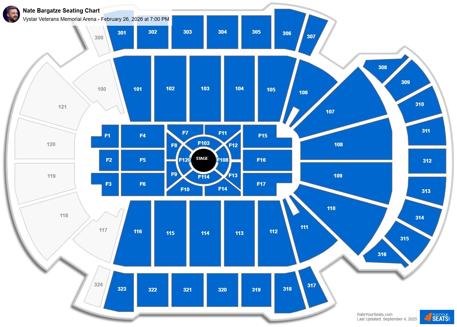 Nate Bargatze seating chart Vystar Veterans Memorial Arena