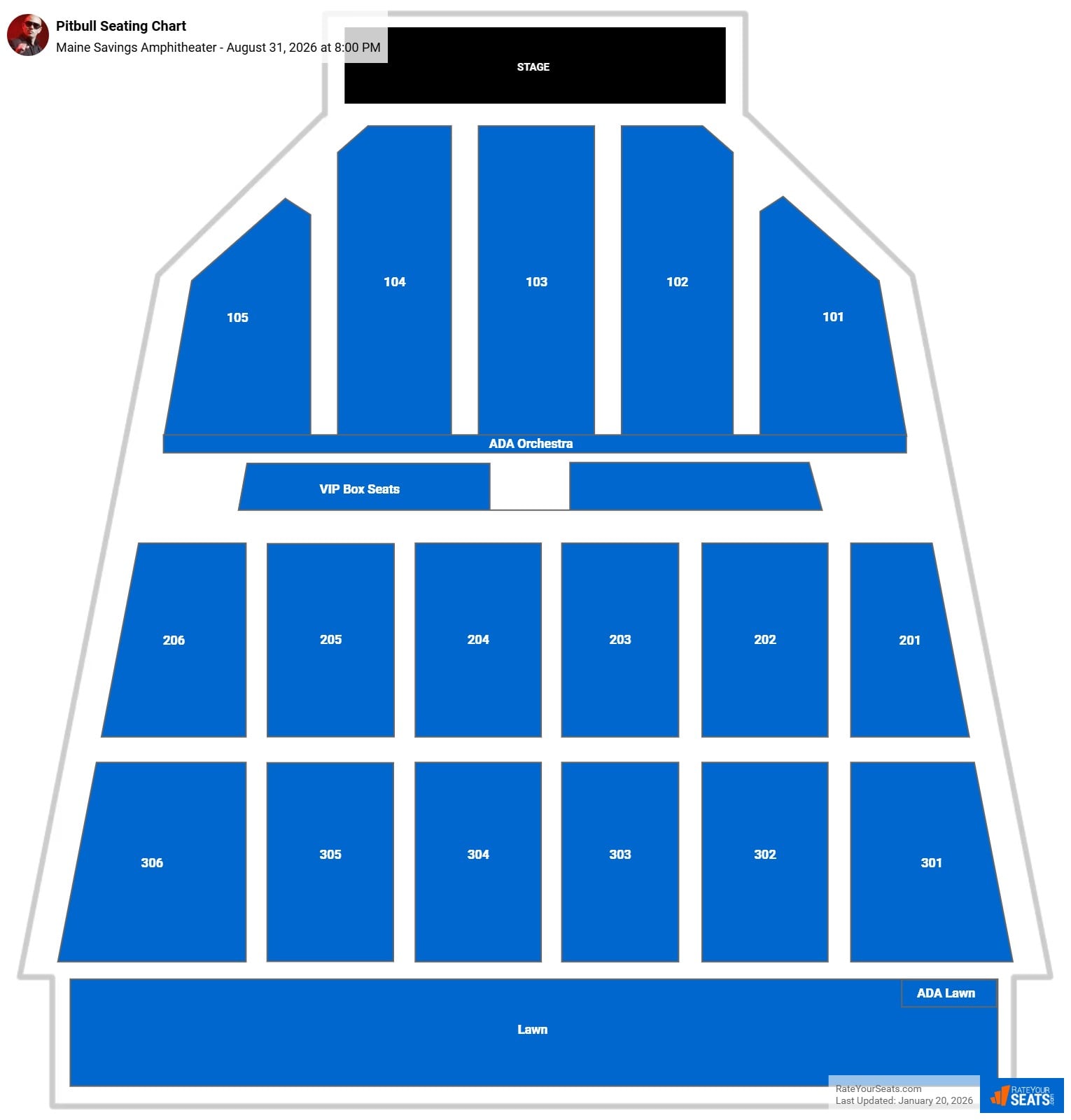 Pitbull seating chart Maine Savings Amphitheater