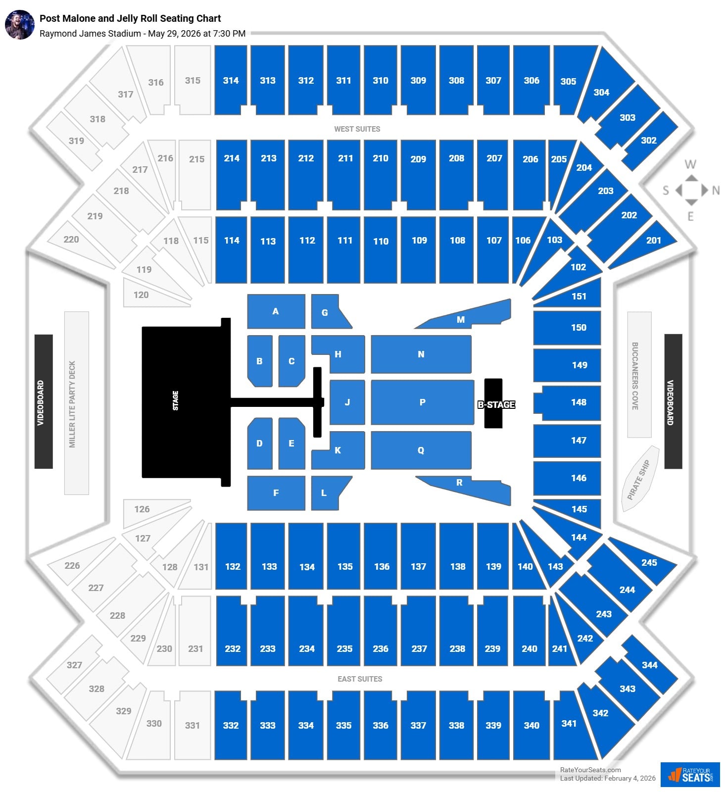 Post Malone and Jelly Roll seating chart Raymond James Stadium