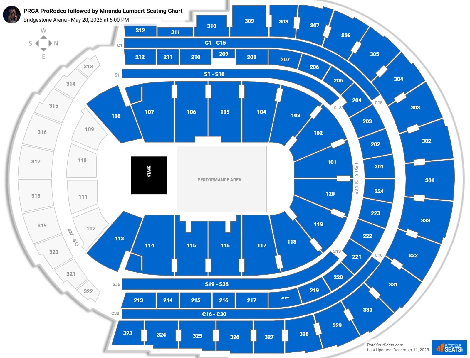 PRCA ProRodeo followed by Miranda Lambert seating chart Bridgestone Arena