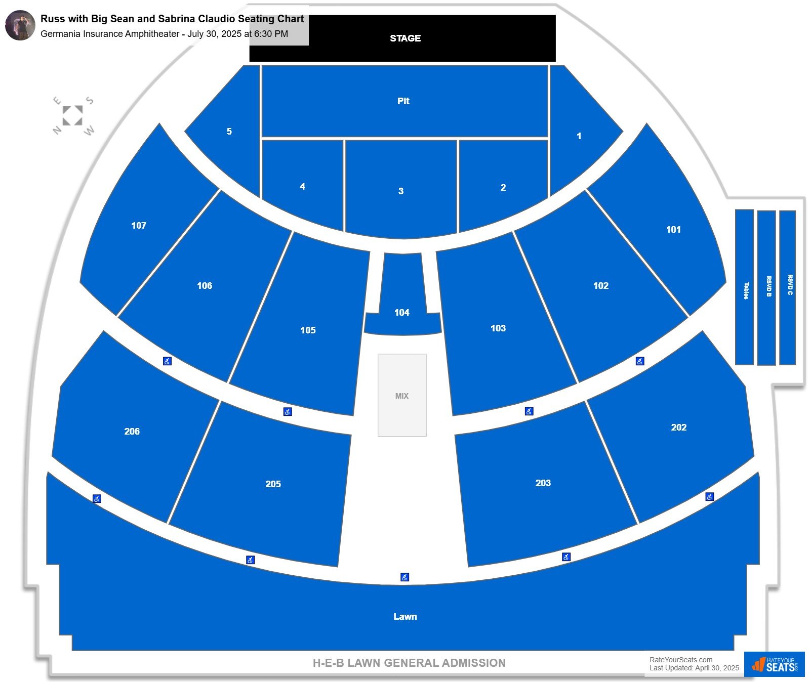 Russ with Big Sean and Sabrina Claudio seating chart Germania Insurance Amphitheater