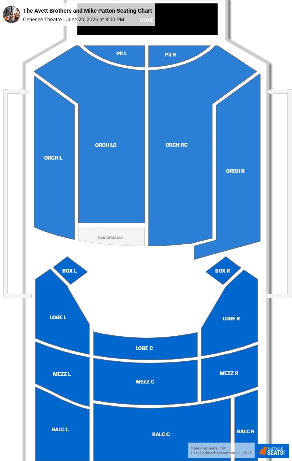 The Avett Brothers and Mike Patton seating chart Genesee Theatre