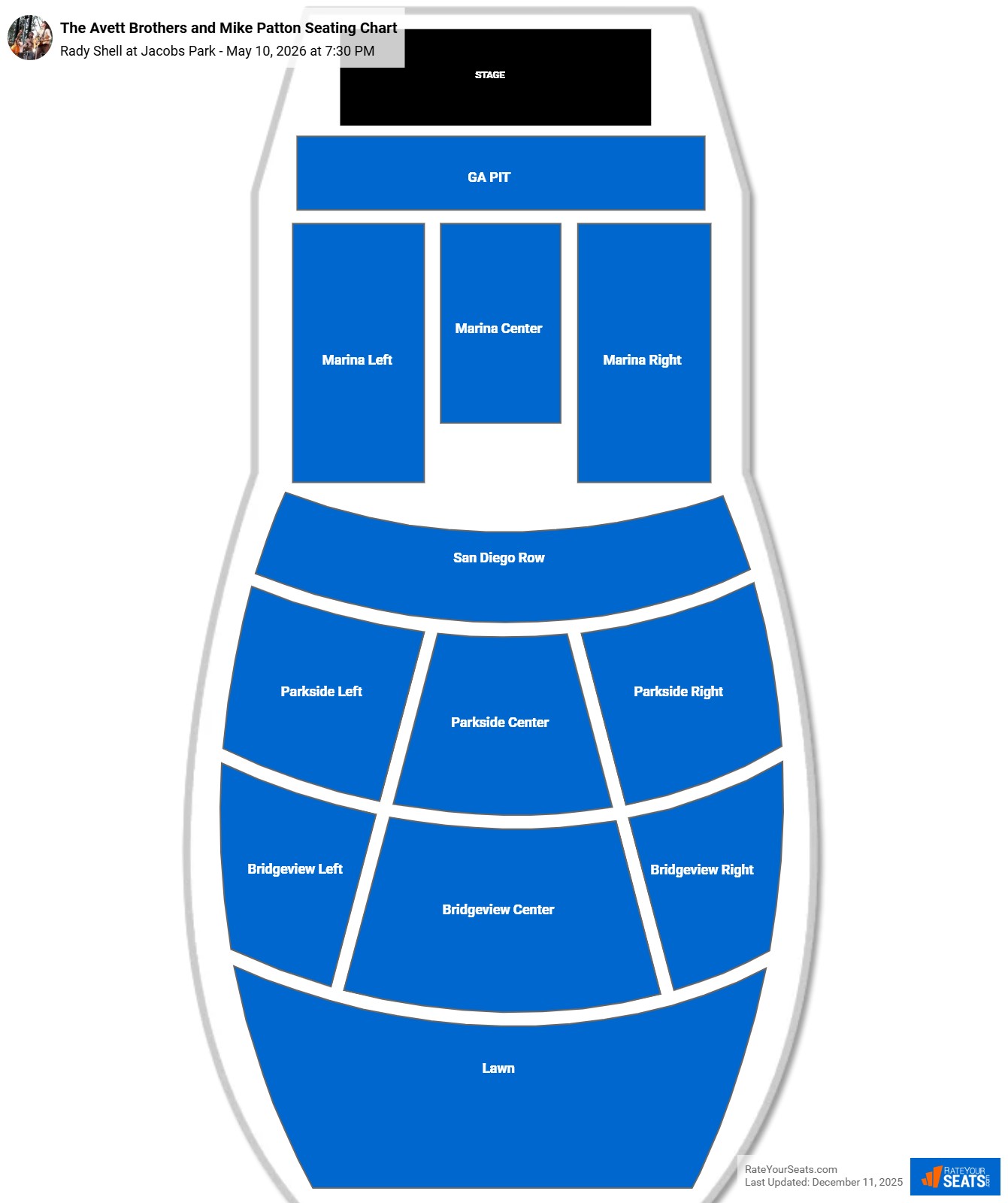 The Avett Brothers and Mike Patton seating chart Rady Shell at Jacobs Park