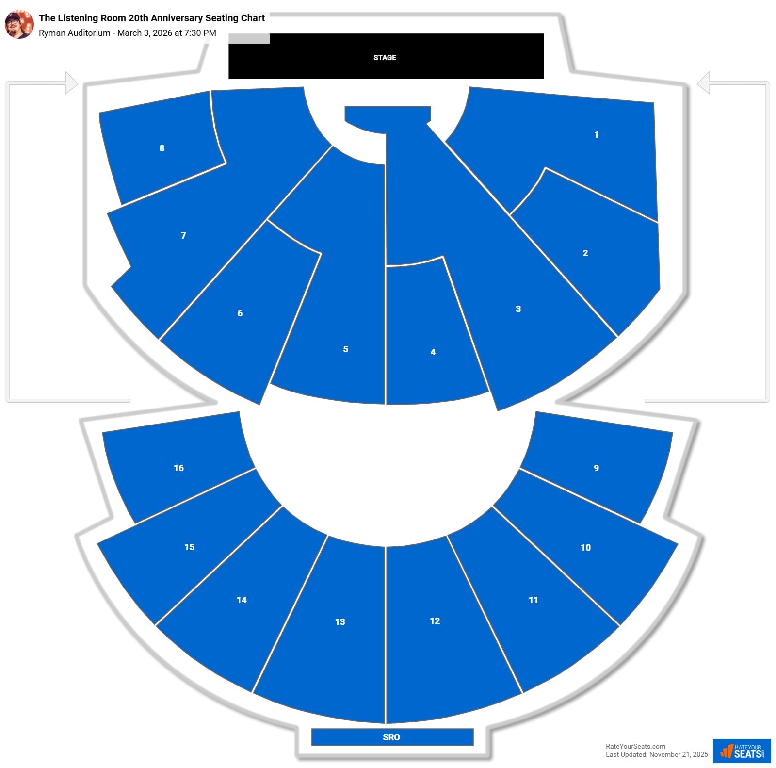The Listening Room 20th Anniversary seating chart Ryman Auditorium