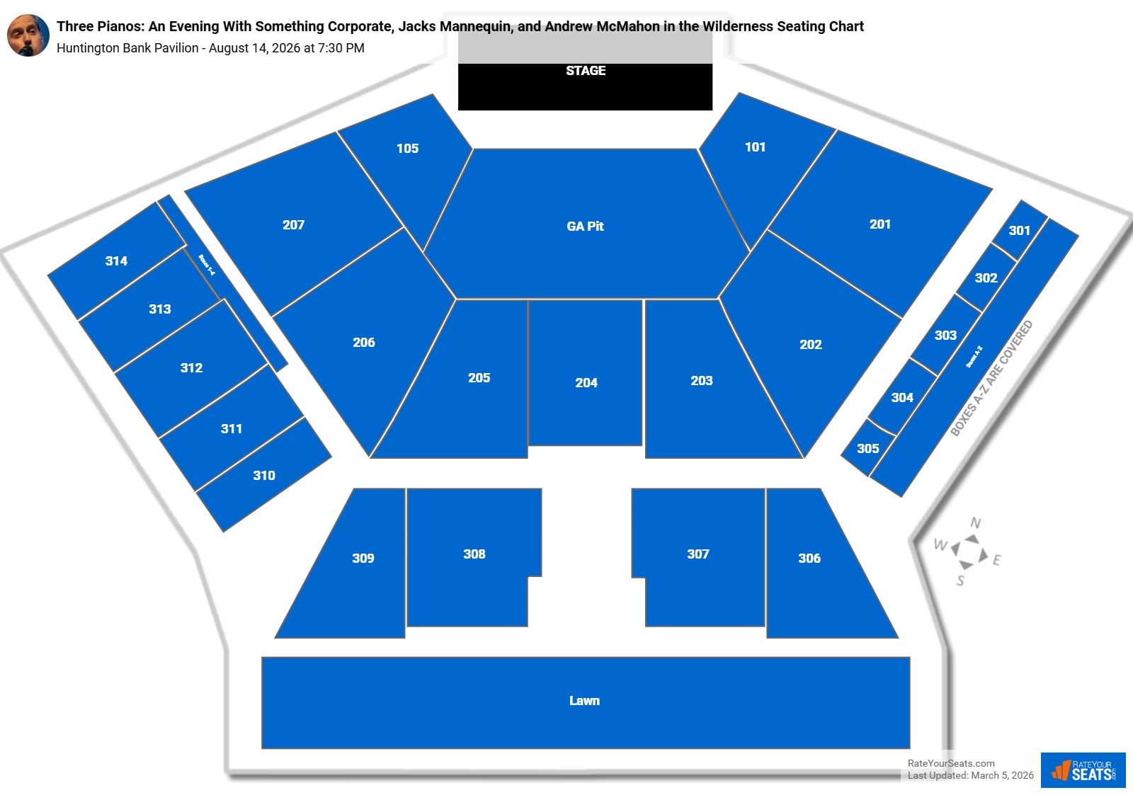 Three Pianos: An Evening With Something Corporate, Jacks Mannequin, and Andrew McMahon in the Wilderness seating chart Huntington Bank Pavilion (at Northerly Island)