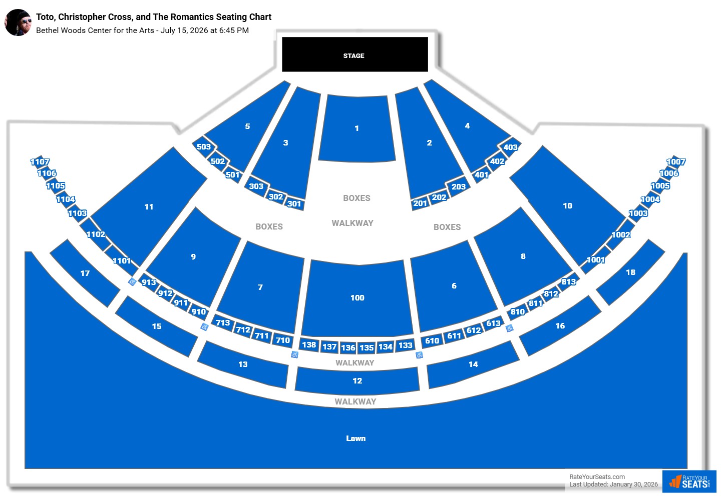 Toto, Christopher Cross, and The Romantics seating chart Bethel Woods Center for the Arts