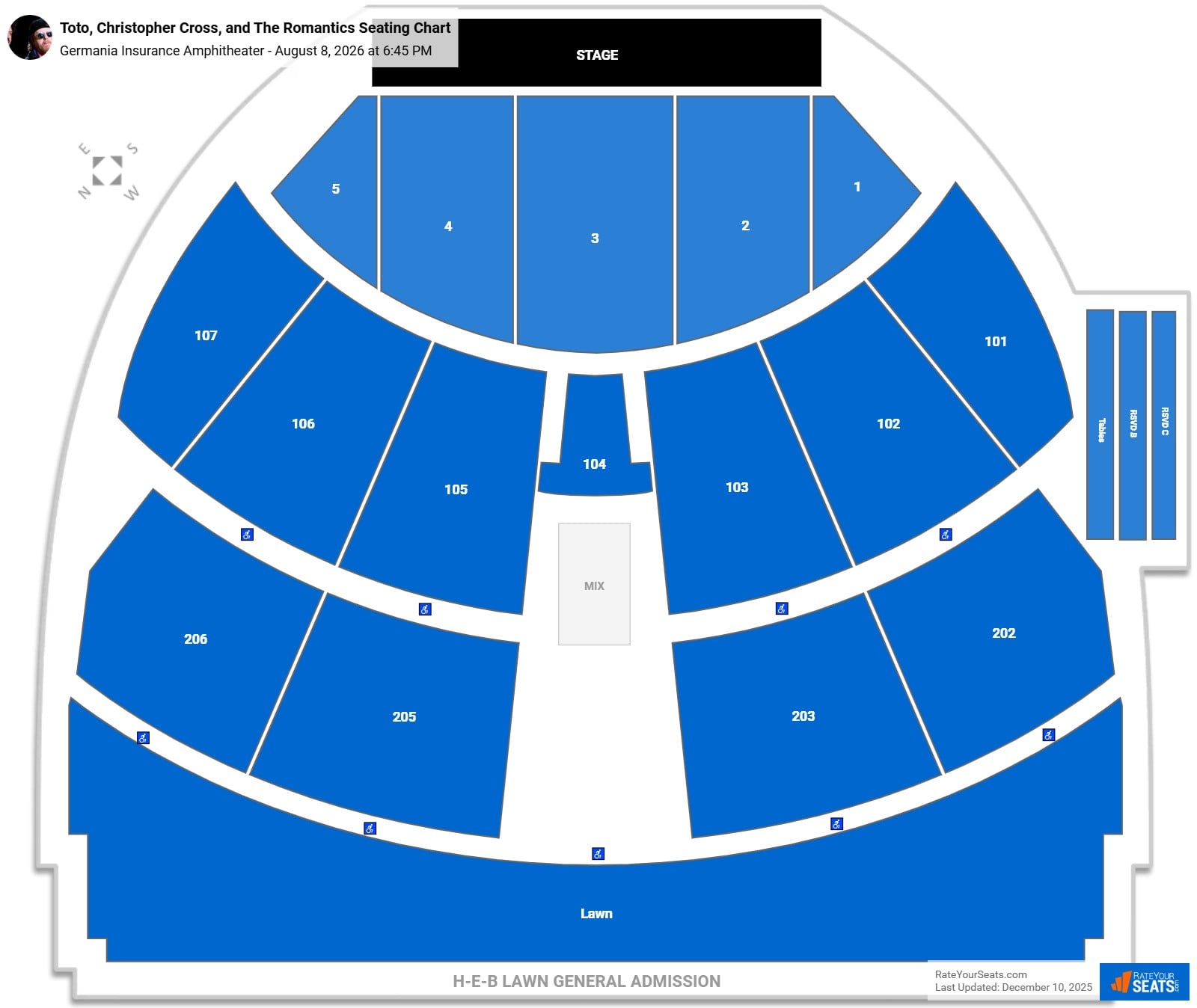 Toto, Christopher Cross, and The Romantics seating chart Germania Insurance Amphitheater