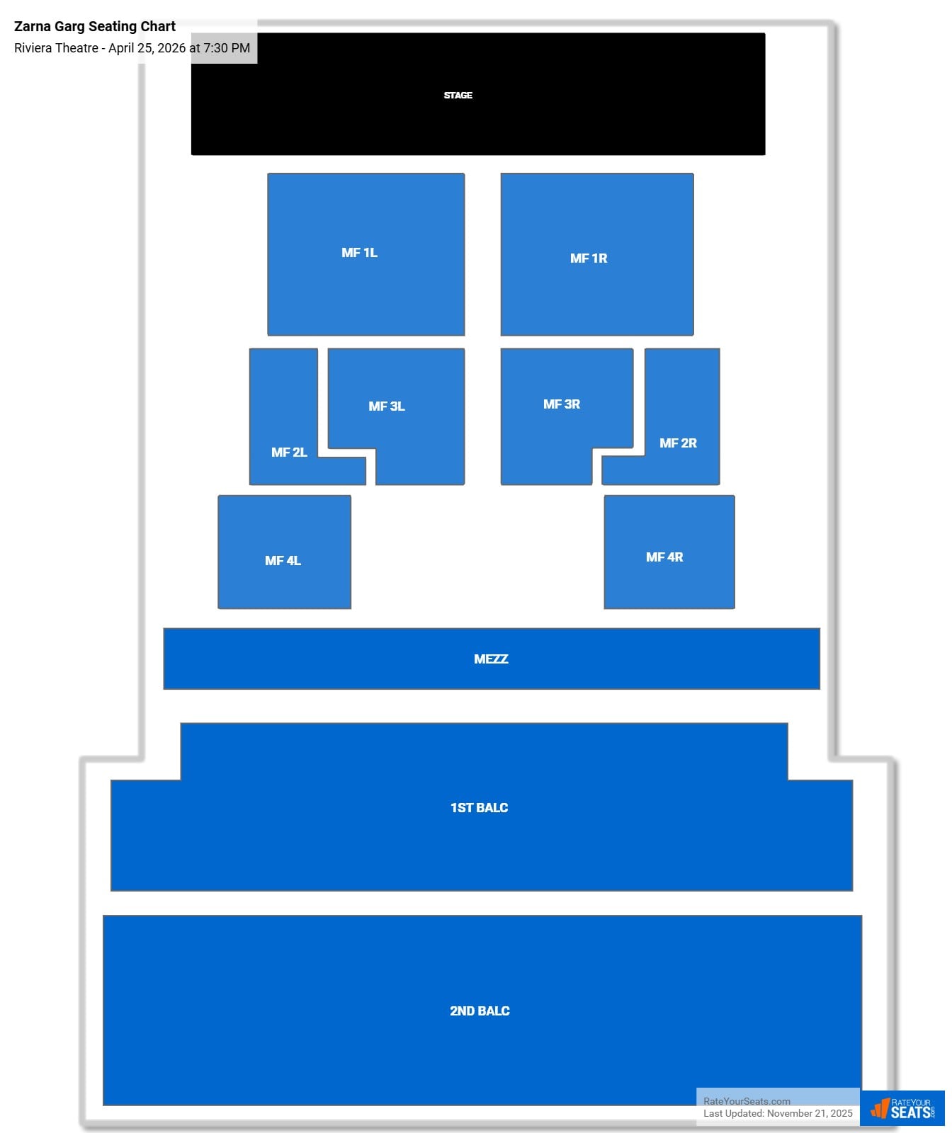 Zarna Garg seating chart Riviera Theatre