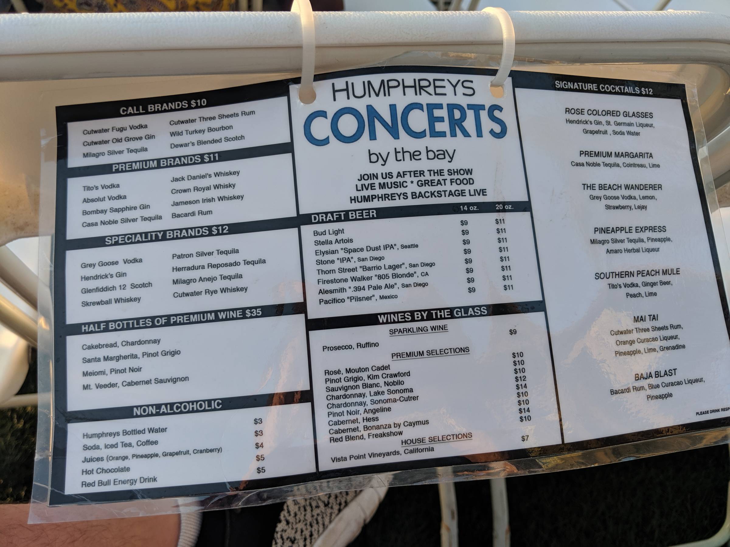 menu at humphreys concerts by the bay